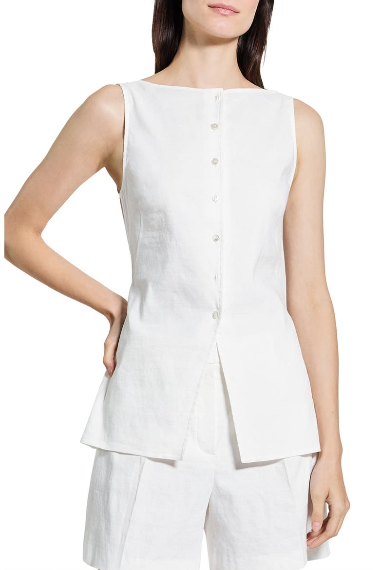 Boatneck Sleeveless Linen Blend Button-Up Shirt, Main, color, WHITE