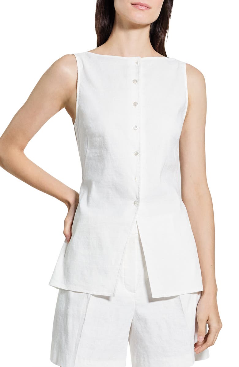 Theory Boatneck Sleeveless Linen Blend Button-Up Shirt, Main, color, White