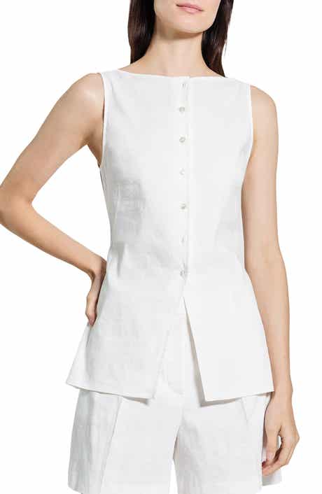 Boatneck Sleeveless Linen Blend Button-Up Shirt