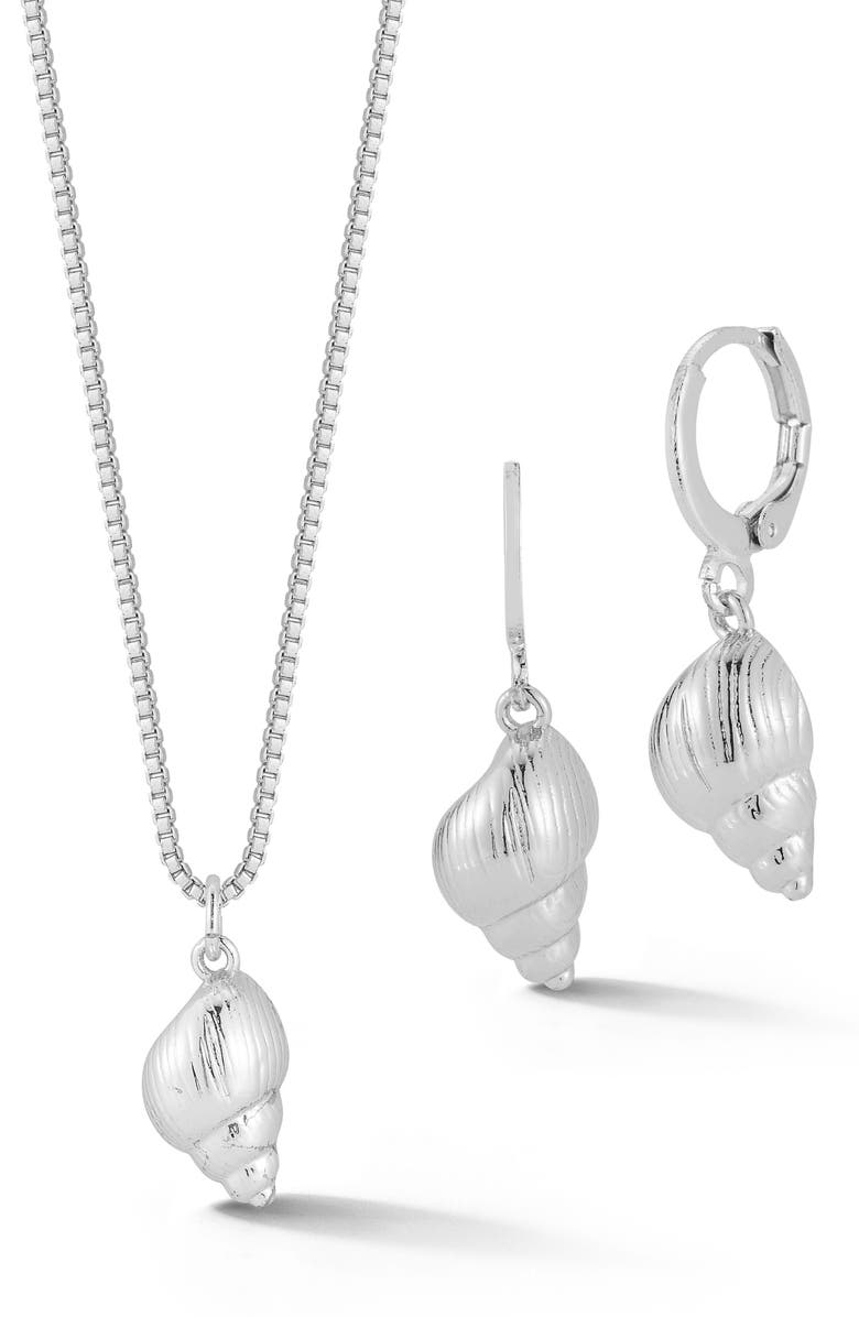 GLAZE JEWELRY Shell Drop Huggie Hoop Earrings & Necklace Set, Main, color, 