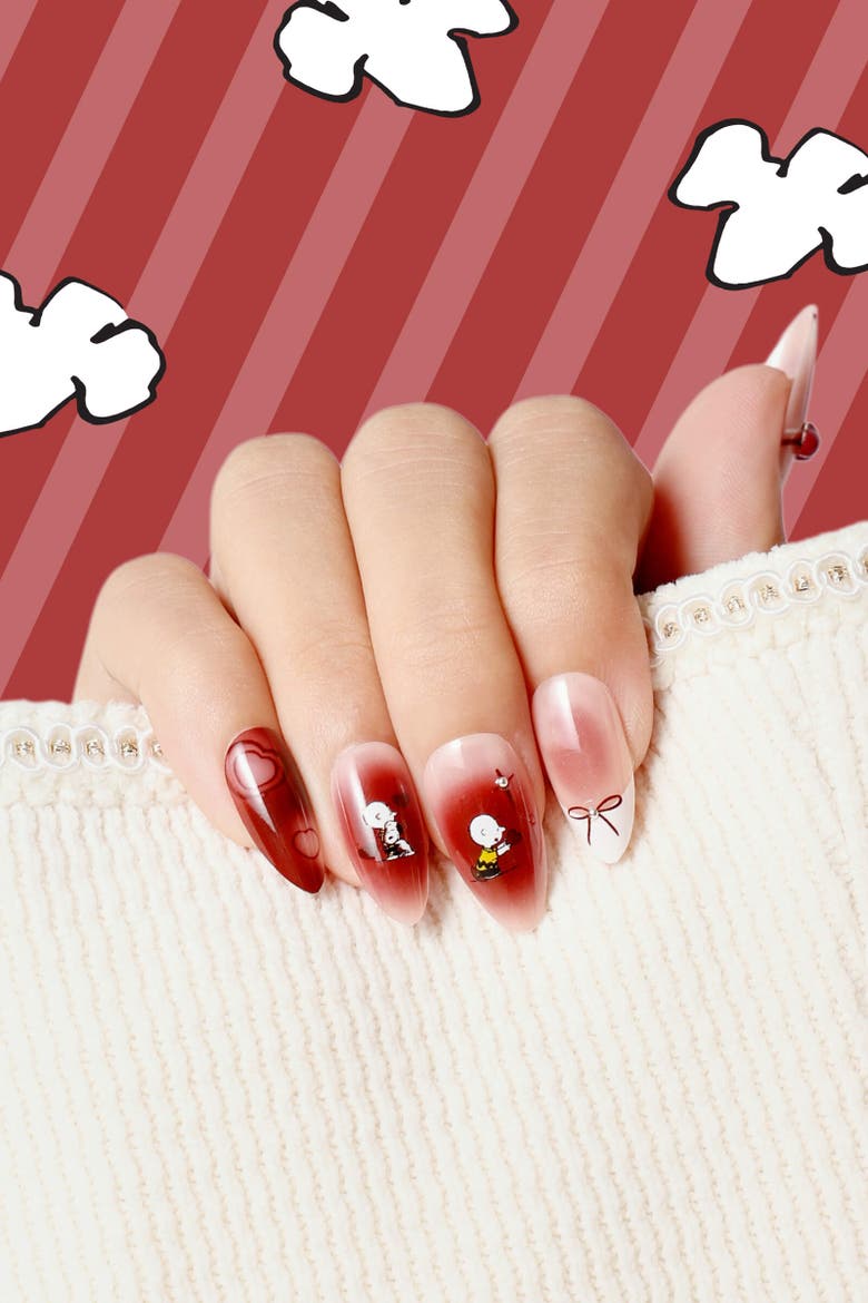 Hearts Of Snoopy Almond Press On Nails, Alternate, color, Red