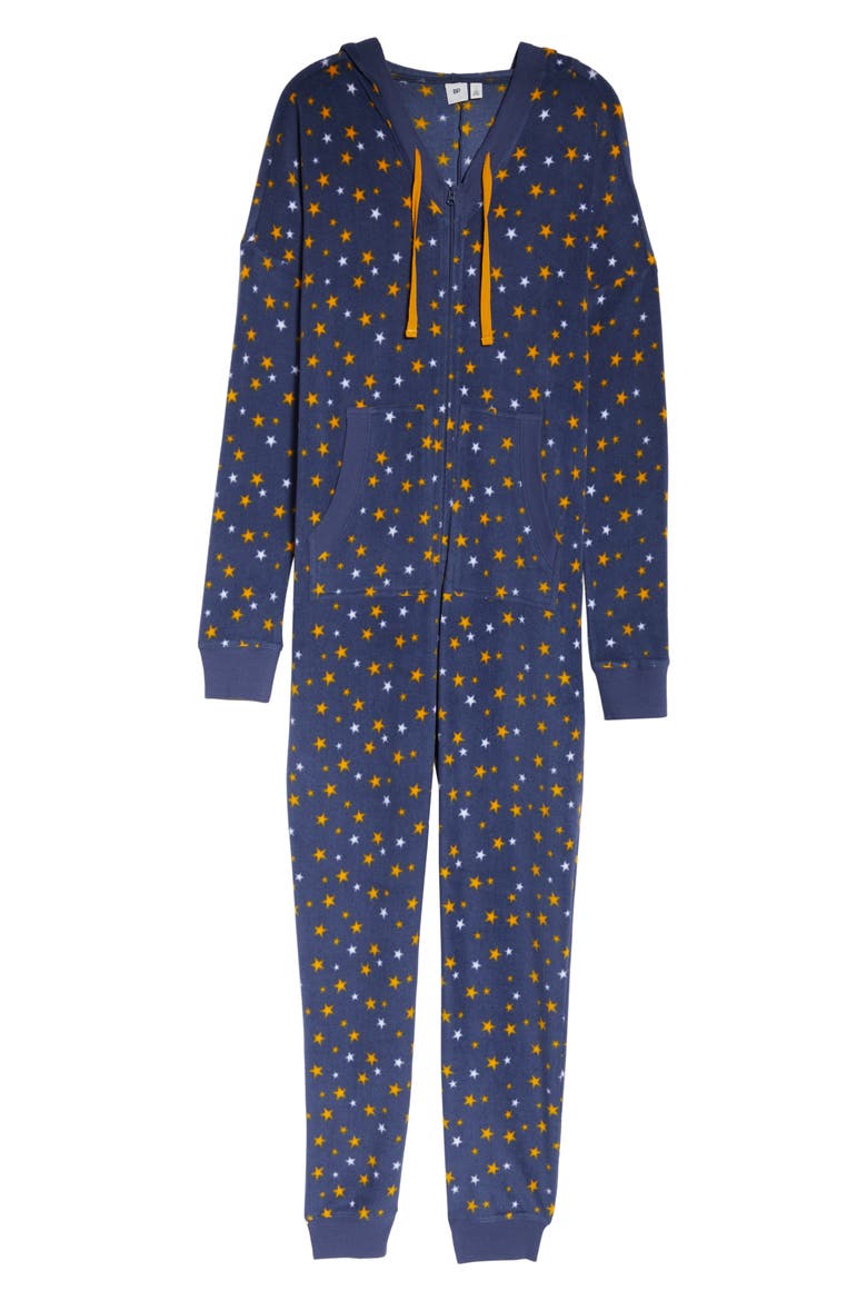 Microfleece Hooded Jumpsuit Pajamas, Alternate, color, BLUE VINTAGE STARS