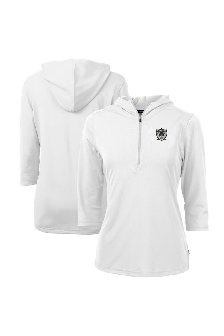 Women's Cutter & Buck White Las Vegas Raiders Throwback Logo Virtue Eco Pique 3/4 Sleeve Half-Zip Pullover Hoodie, Alternate, color, White