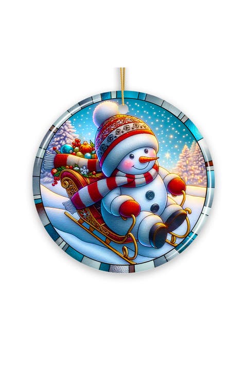 Snowman Sleigh Ride Stained Glass Style Ornament