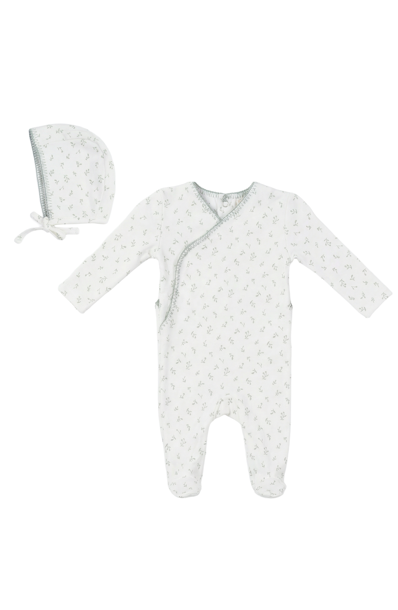 Bebe Bella Boy Cherry Rib Faux Wrap Romper with Bonnet, Main, color, Cream/Blue