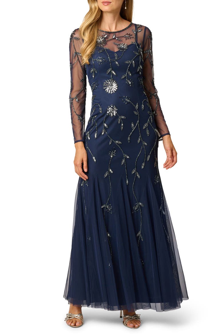 Beaded Floral Long Sleeve Mesh Gown, Main, color, LIGHT NAVY
