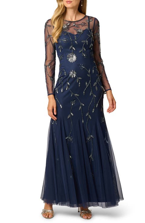 Beaded Floral Long Sleeve Mesh Gown
