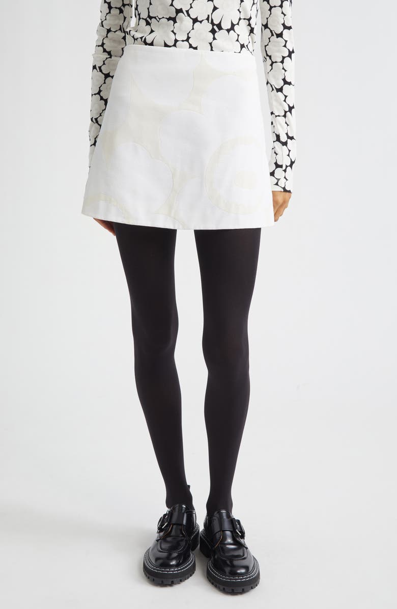 Marimekko Kirjasto Unikko Jacquard A-Line Faille Miniskirt, Main, color, White Light Grey