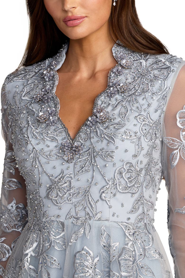 Beaded Embroidered Mesh Long Sleeve A-Line Gown, Alternate, color, Slate Blue