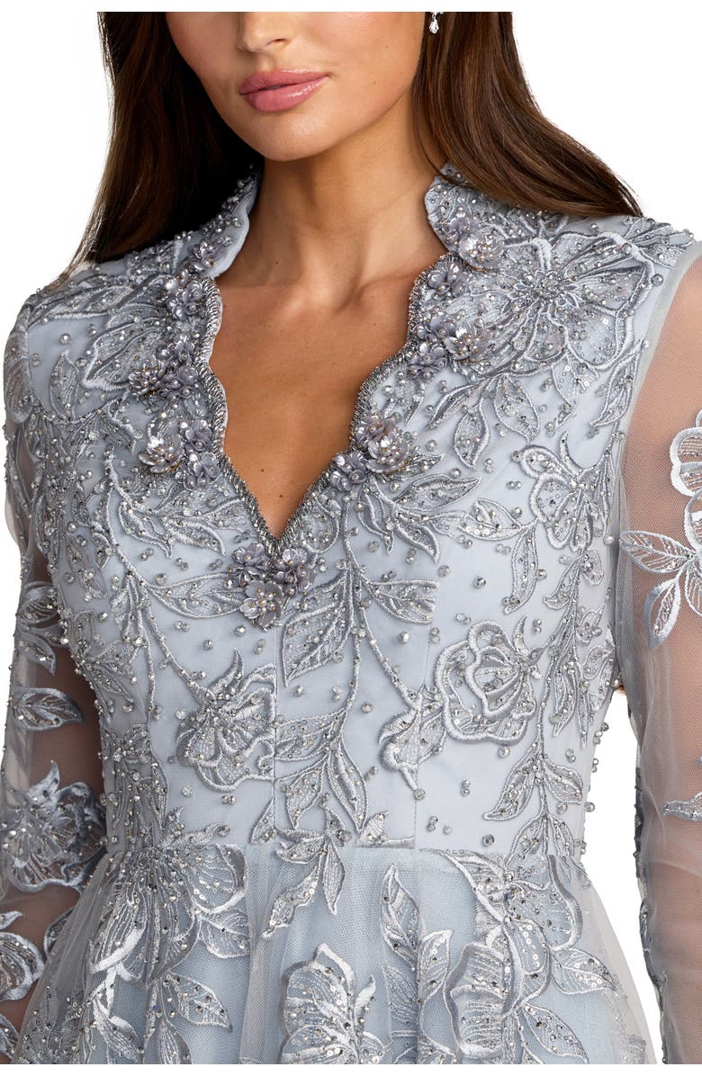 Mac Duggal Beaded Embroidered Mesh Long Sleeve A-Line Gown, Alternate, color, Slate Blue