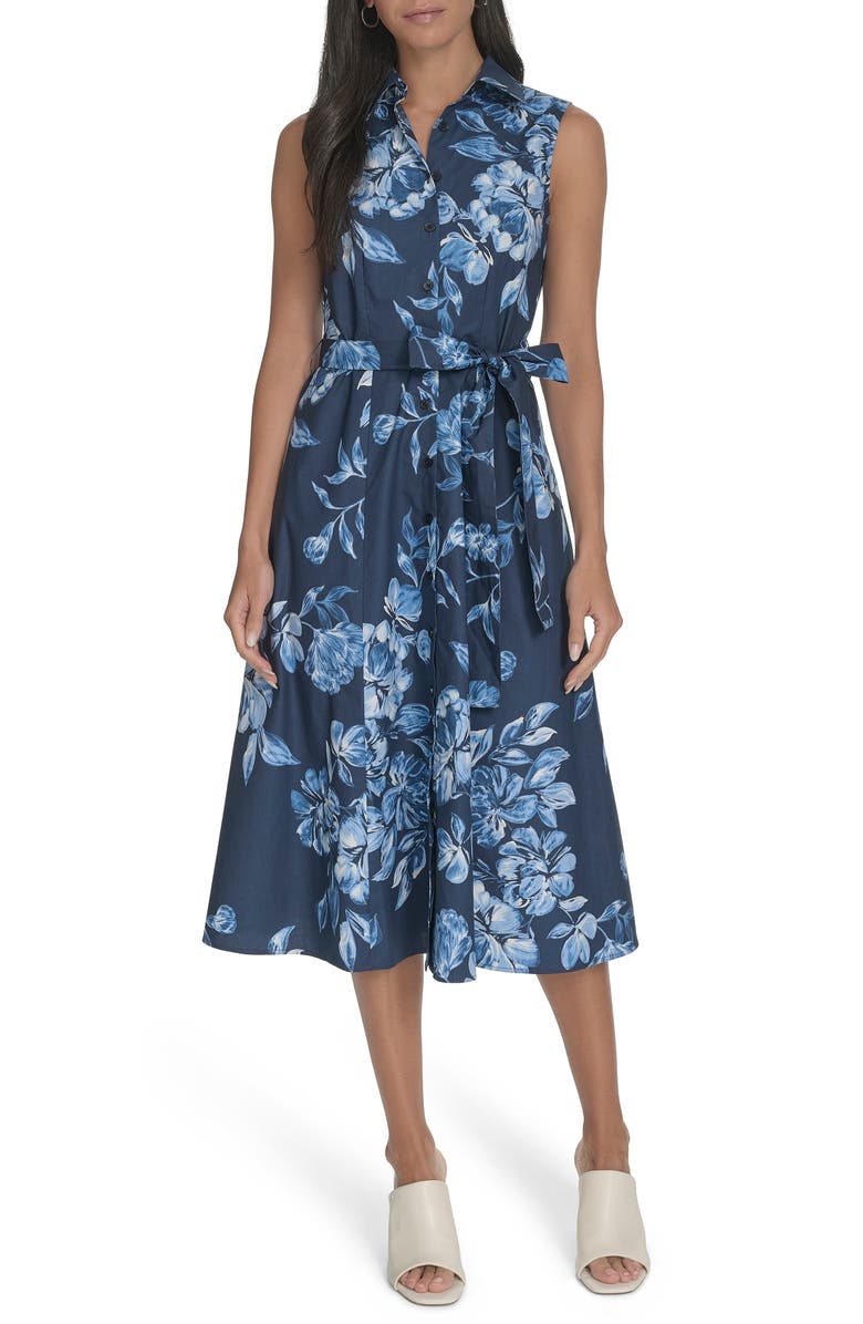 Calvin Klein Floral Sleeveless Cotton Shirtdress, Main, color,