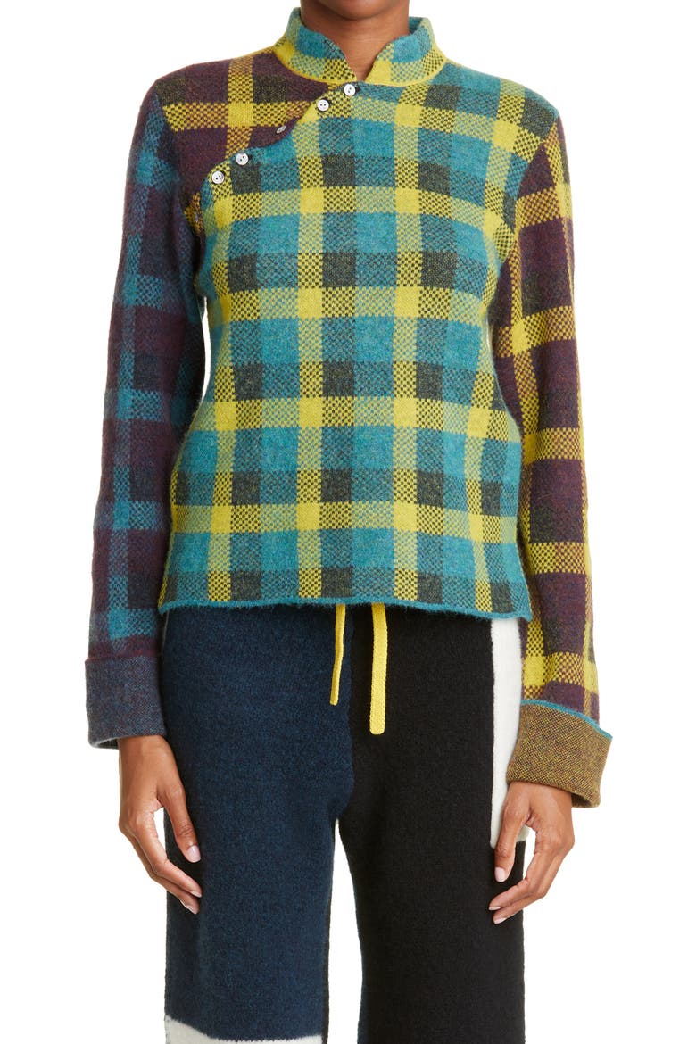 Bao Plaid Wool & Cotton Blend Sweater, Main, color, MUSTARD/ CURRANT