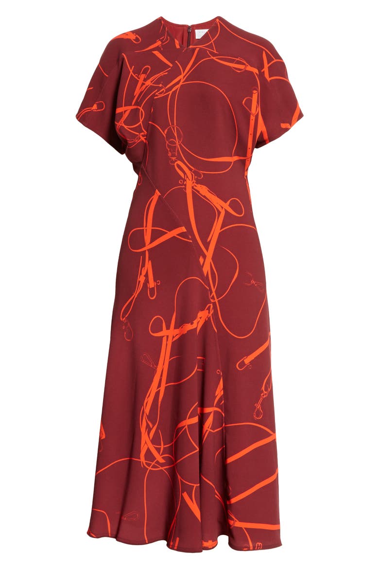 Bridle Print Crepe Midi Dress, Alternate, color, BORDEAUX/ ORANGE