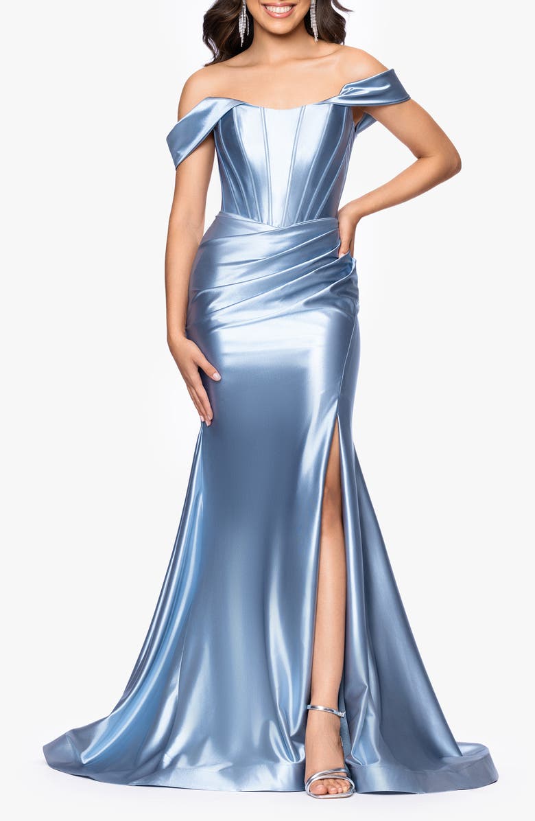 Betsy & Adam Luanna Satin Off the Shoulder Corset Gown, Main, color, Slate