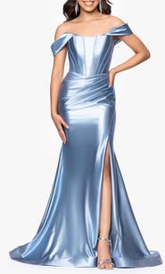 Betsy & Adam Luanna Satin Off the Shoulder Corset Gown