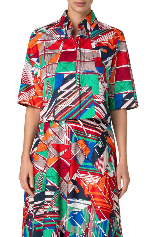 Akris Punto Sea Clipper Print Boxy Cotton Satin Blouse In Multicolor
