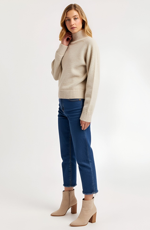 Modenaire Mock Neck Raglan Sleeve Wide Ribbed Hem Sweater In Neutral