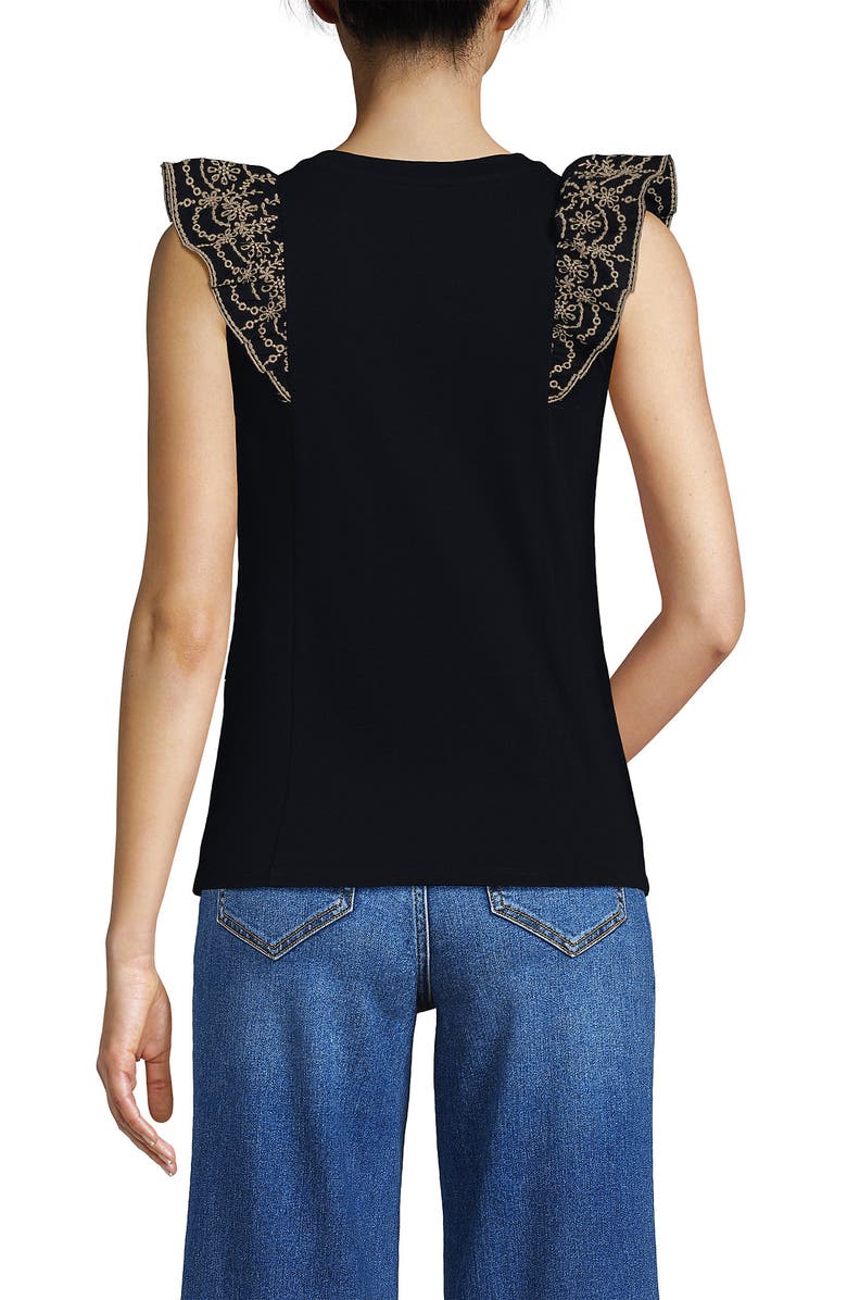 Lands' End Embroidered Ruffle Tank Top, Alternate, color, Black