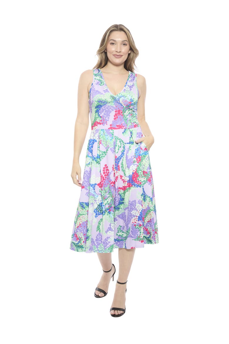 Womens Abstract V-Neck Sleeveless Pleated Pocket Midi Fit N Flare Dress, Main, color, Purple Multi