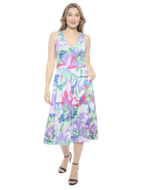 Womens Abstract V-Neck Sleeveless Pleated Pocket Midi Fit N Flare Dress