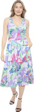 24seven Comfort Apparel Womens Abstract V-Neck Sleeveless Pleated Pocket Midi Fit N Flare Dress