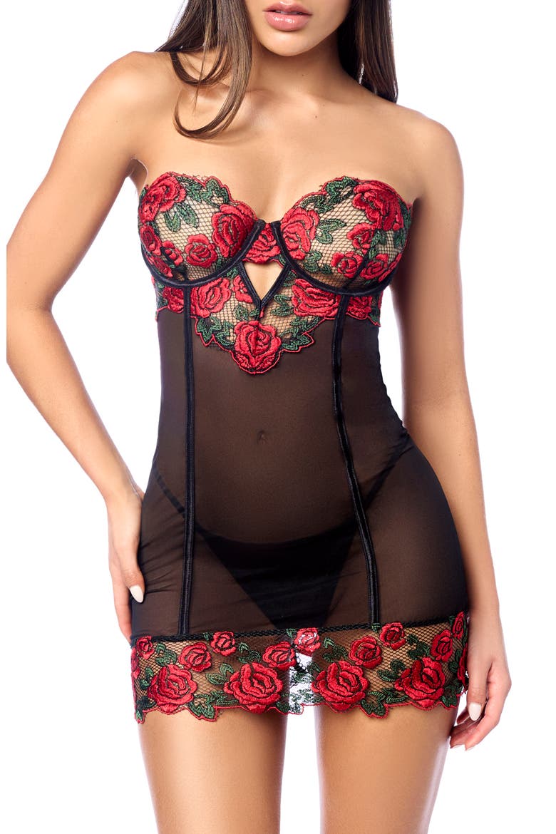 Embroidered Underwire Chemise & G-String Set, Main, color, BLACK/ RED