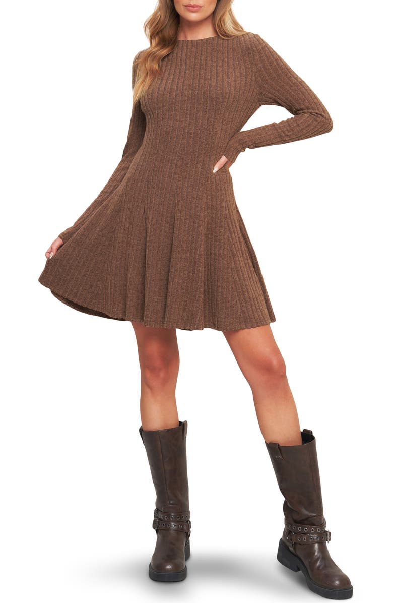 FLYING TOMATO Long Sleeve Rib Minidress, Main, color, Brown