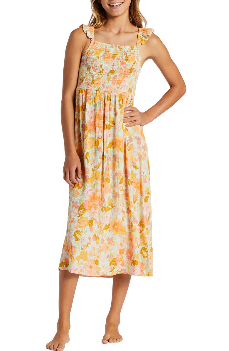 Billabong Kids' Lots of Fun Floral Ruffle Smocked Bodice Sundress, Main, color, 