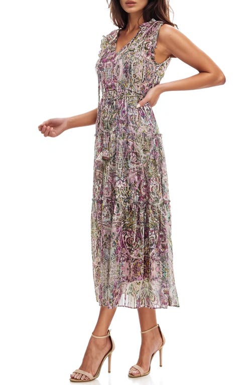 Socialite Metallic Floral Print Tiered Sleeveless Dress In Purple/pink