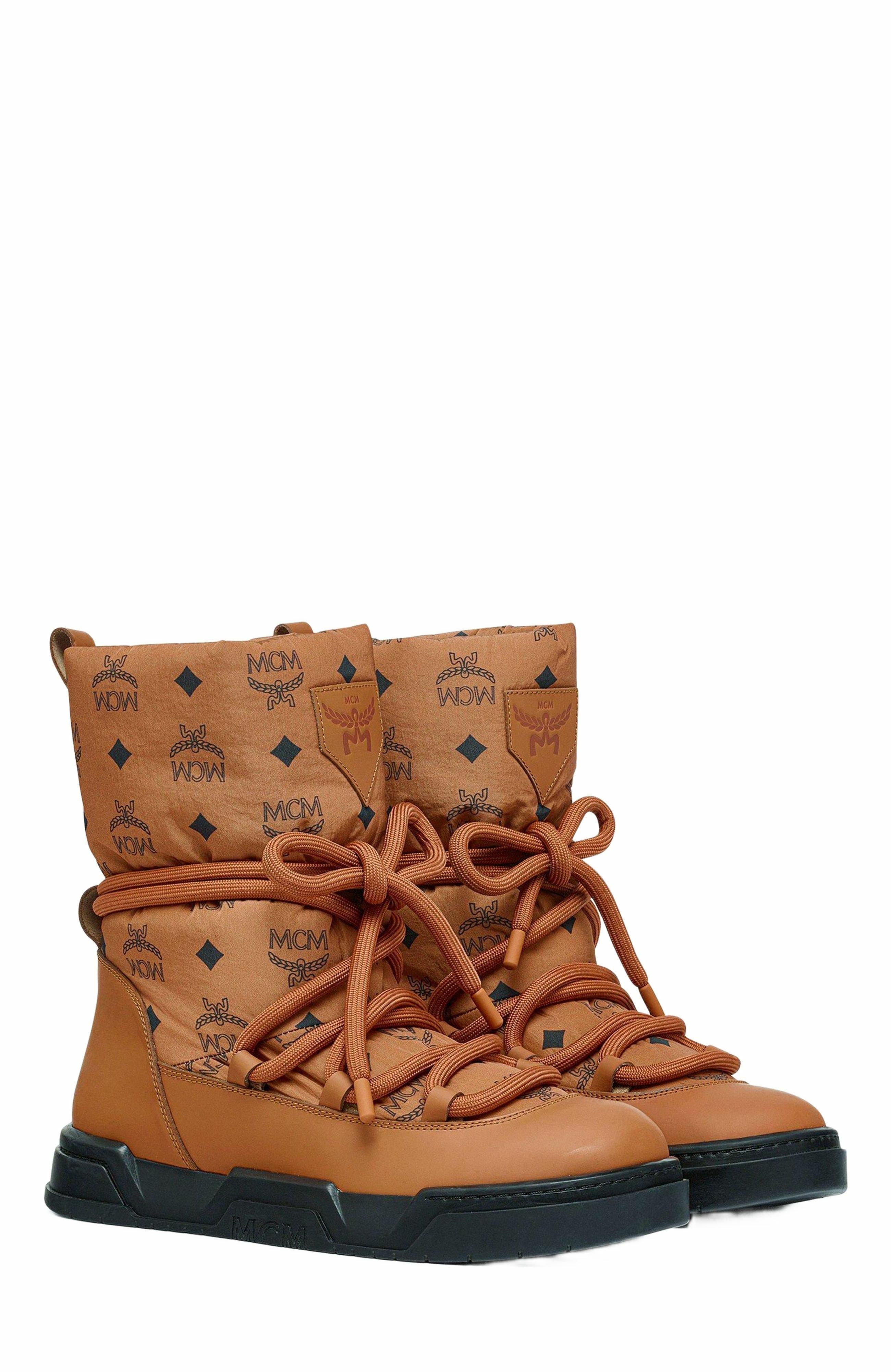 MCM Skyward Ankle Boots in Padded Monogram Nylon, Main, color, Cognac