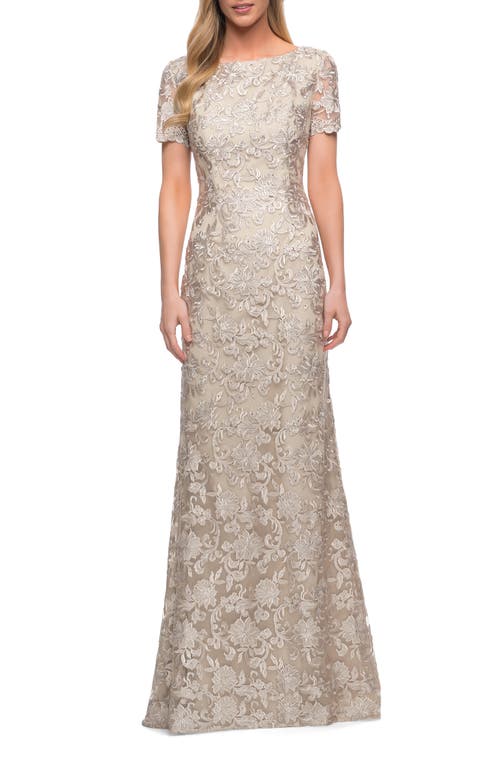 La Femme Beautiful Lace Mother Of The Bride Dress With Short Sleeves In Champagne
