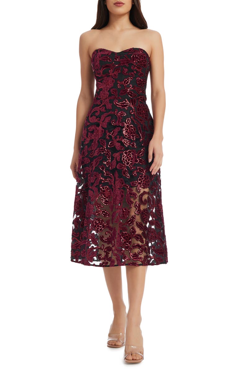 Dress the Population Sadie Floral Sequin Strapless A-Line Dress, Main, color, Burgundy-Black
