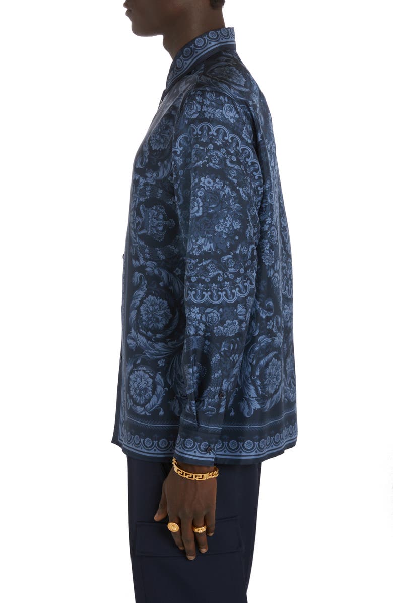 Versace Barocco Print Silk Button-Up Shirt, Alternate, color, Navy Blue