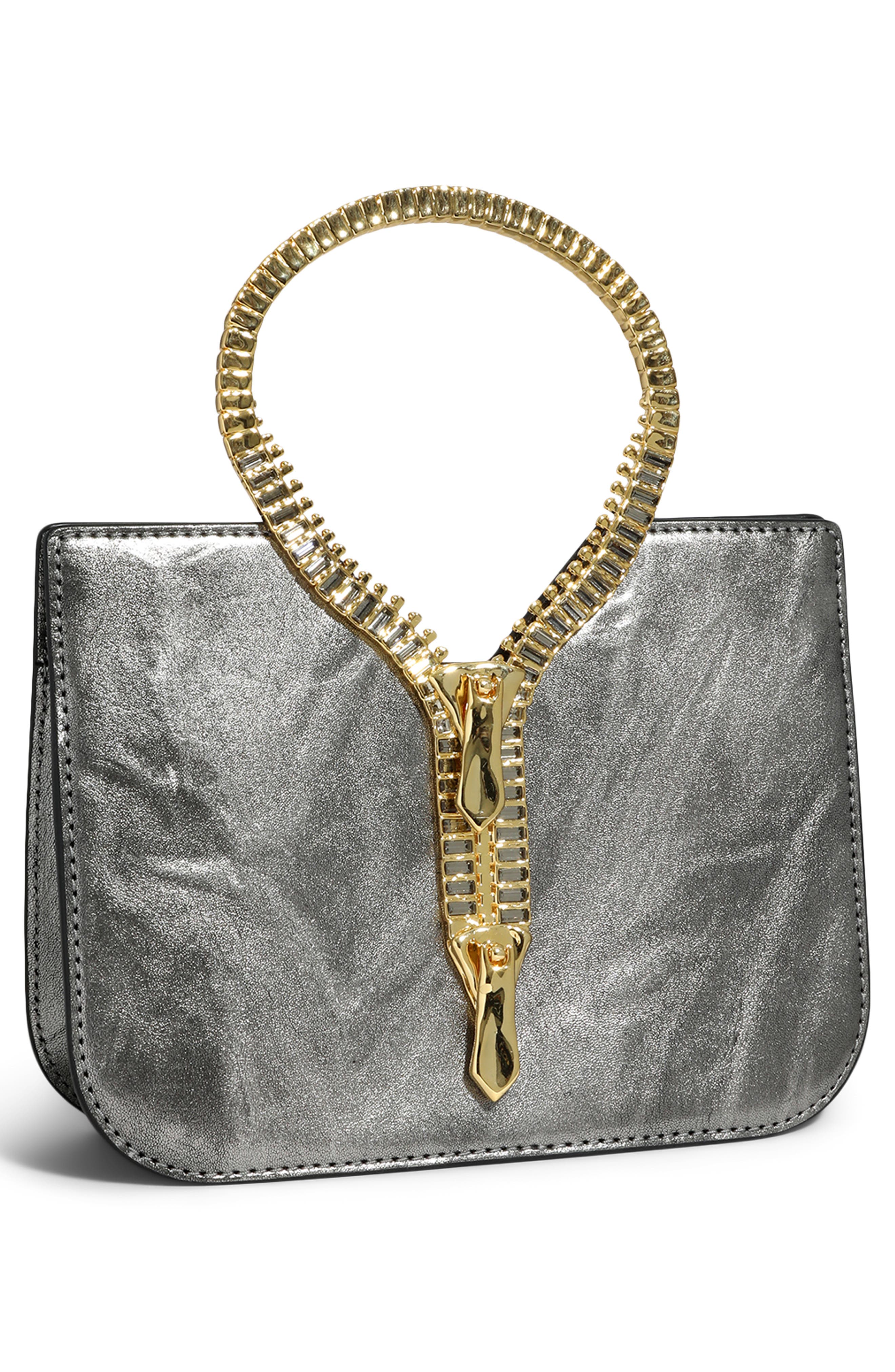 Zipper Leather Top Handle Clutch, Alternate, color, PEWTER