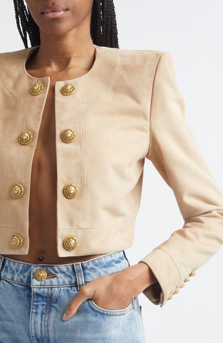 Balmain Crop Suede Spencer Jacket, Alternate, color, 8Fi Sand