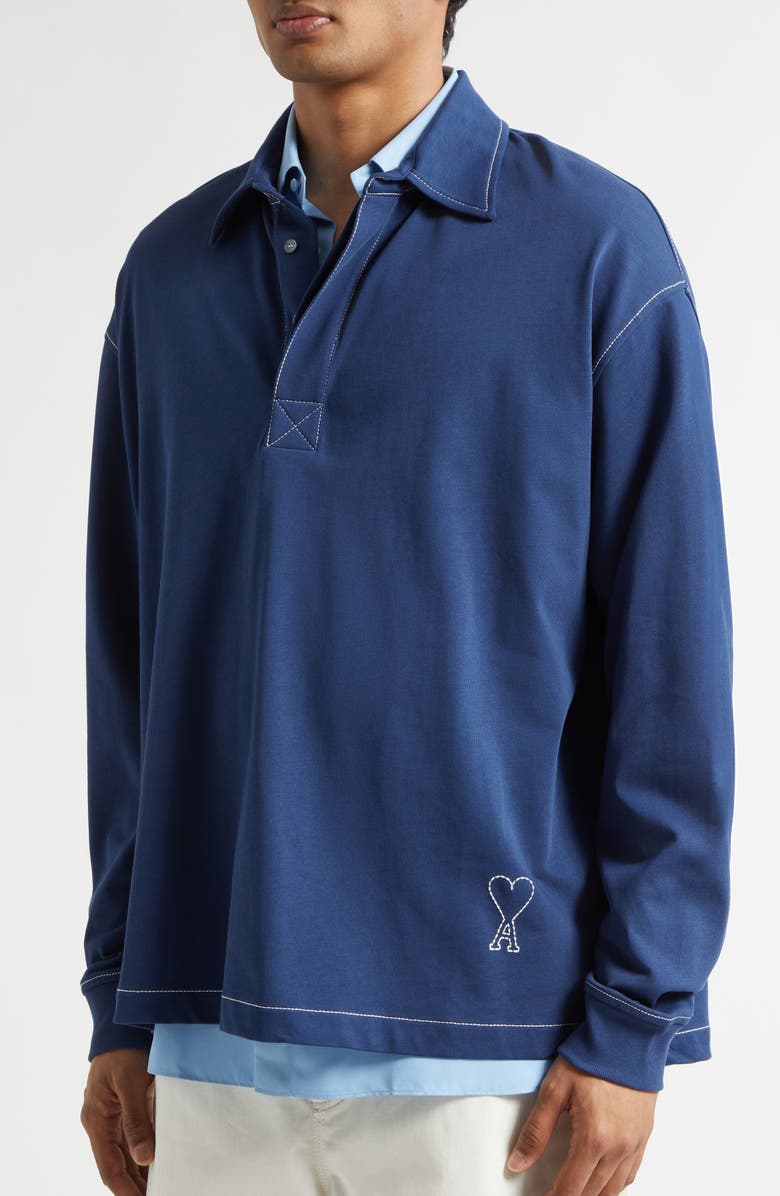 AMI PARIS Oversize Long Sleeve Polo, Alternate, color, Encre