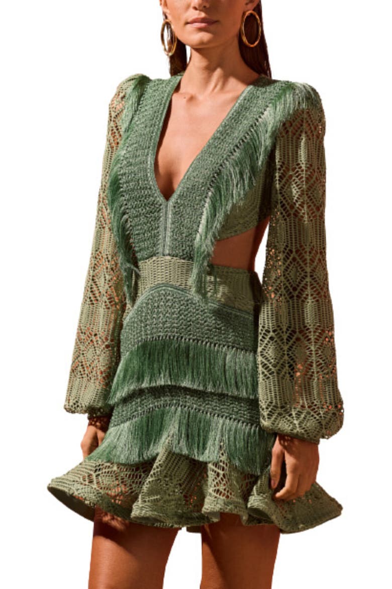 Samba Fringe Long Sleeve Mini Dress, Main, color, LIGHT GREEN