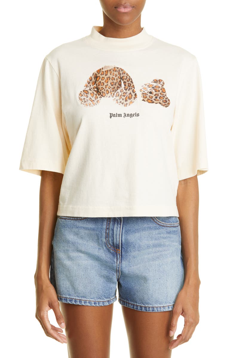 Palm Angels Women's Leopard Bear Crop Cotton Logo Graphic Tee, Main, color, 