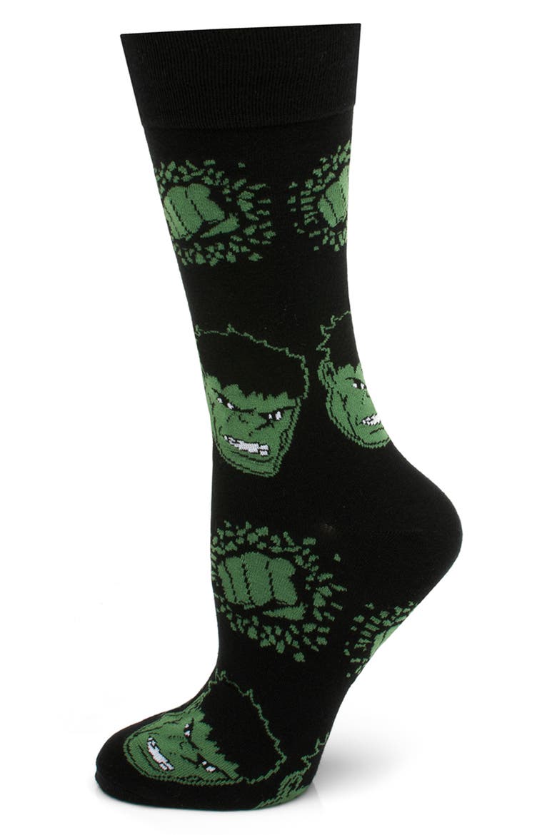 Avengers Hulk Crew Socks & Lapel Pin Set, Alternate, color, BLACK