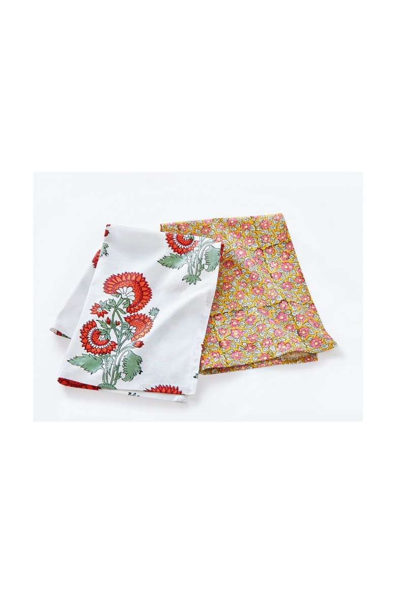 Phool Block Print Kitchen Towel Set of Two Multicolor Cotton, Alternate, color, White