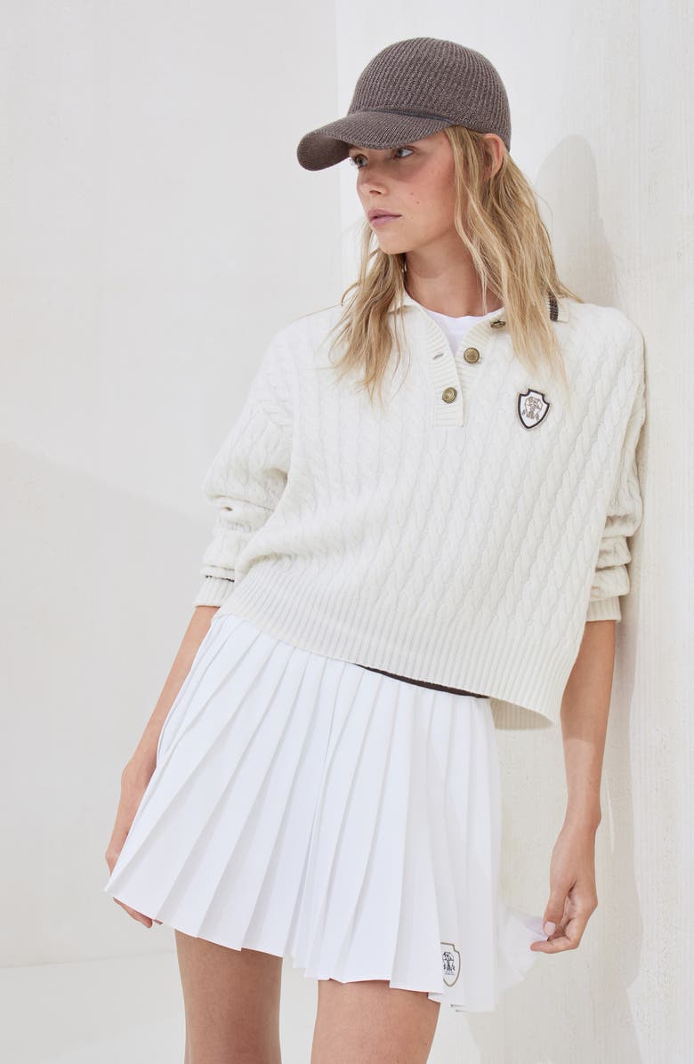 Brunello Cucinelli Cashmere knit polo shirt with logo, Alternate, color, Panama