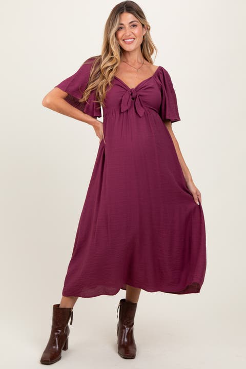Front Tie Ruffle Sleeve Midi Dress