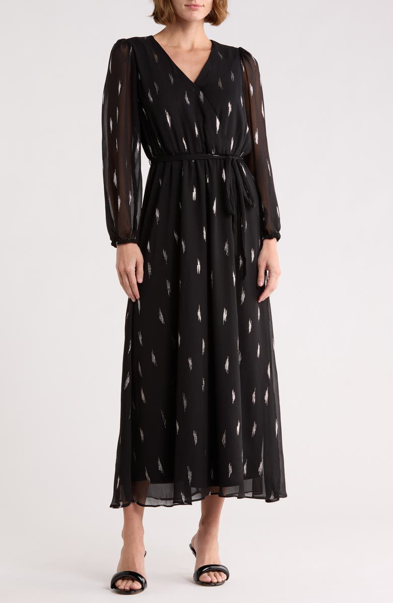 Halogen<sup>®</sup> Dot Long Sleeve Faux Wrap Maxi Dress, Main, color, Rich Black