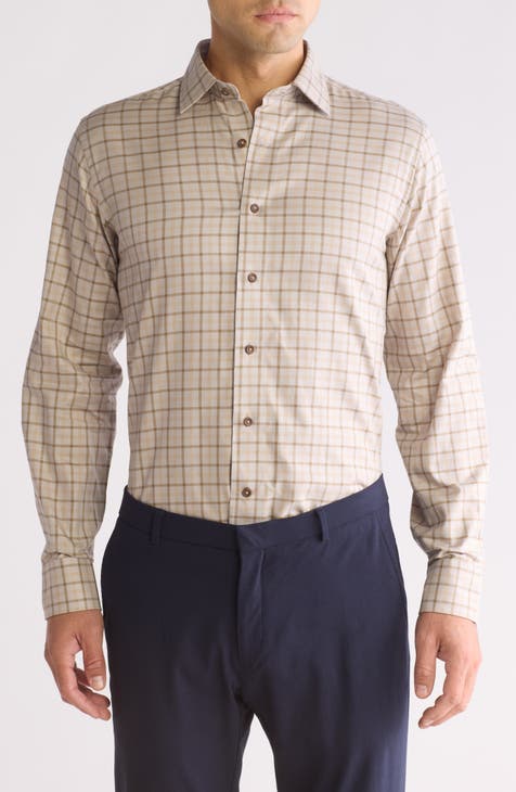 Trim Fit Windowpane Check Print Cotton Dress Shirt