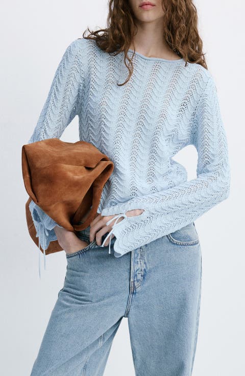 Mixed Open Stitch Long Sleeve Cotton Sweater