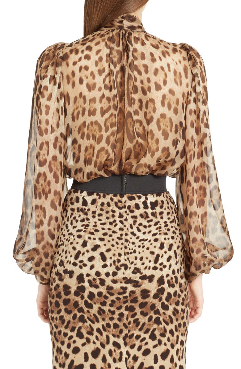 Dolce&Gabbana Leopard Print Silk Tie Neck Blouse, Alternate, color, 
