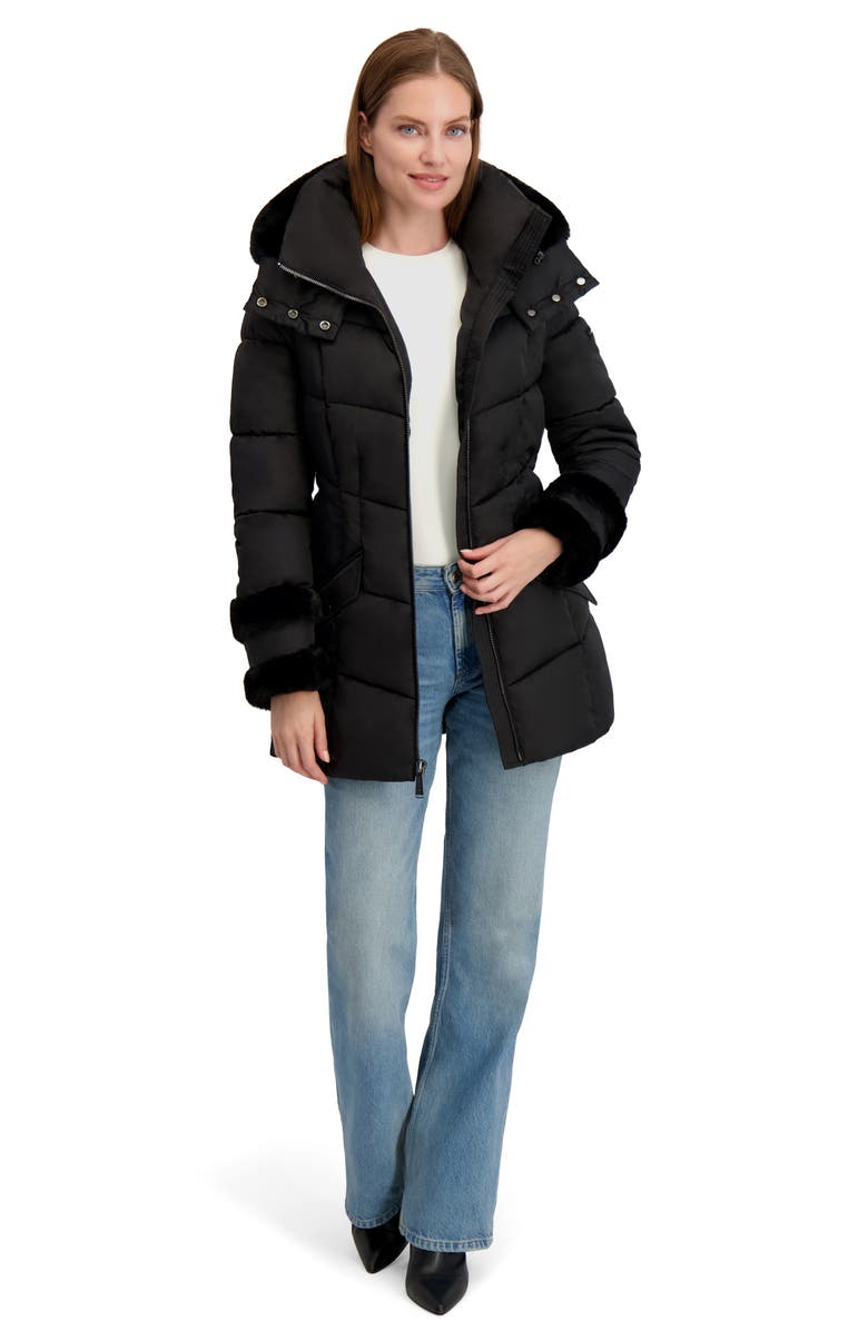 Laundry by Shelli Segal Petal Faux Fur Trim Hooded Puffer Jacket, Alternate, color, Black