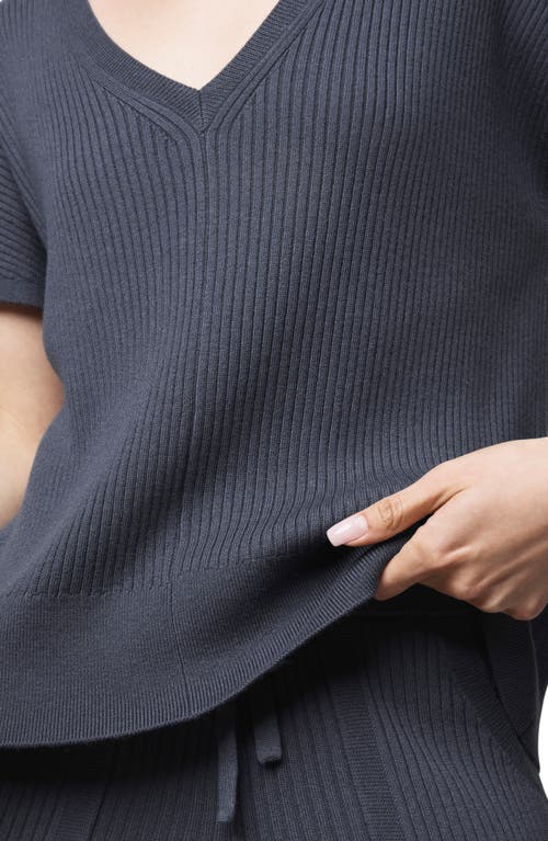 Splendid Georgie V-neck Short Sleeve Rib Sweater In Blue