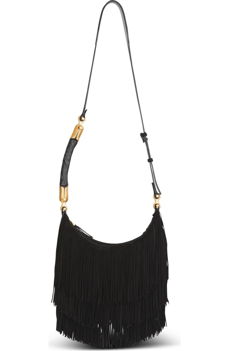 Balmain Ebene Suede Hobo Bag with Fringes, Main, color, Black