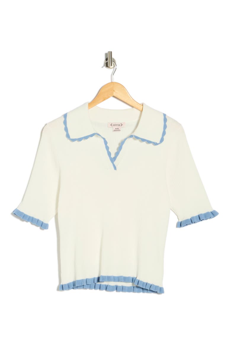 Scalloped Collar Short Sleeve Polo Sweater, Main, color, OFF WHITE/ BLUE